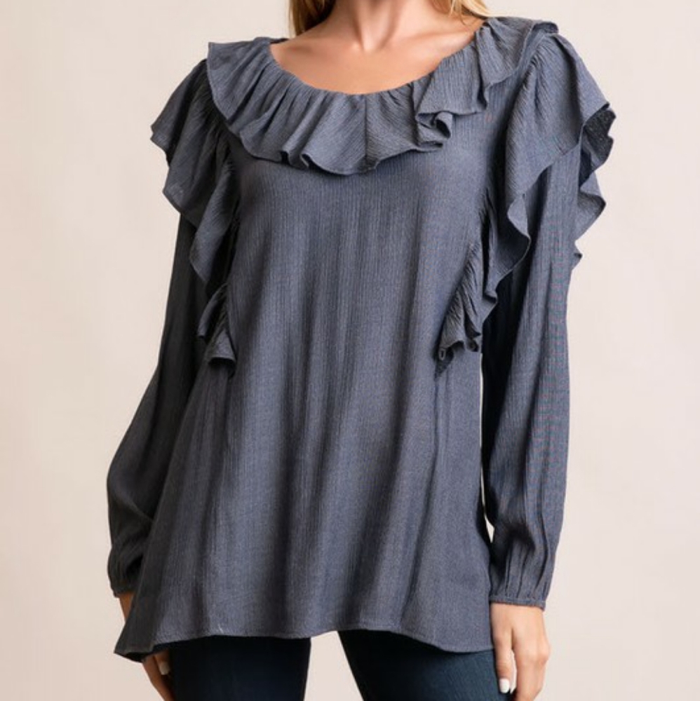 RUFFLE NECK LONG SLEEVE BOHO CASUAL TOP